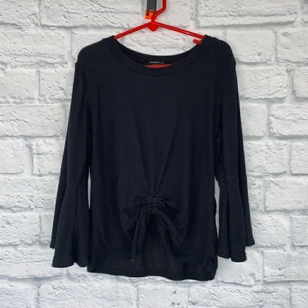Takara girls tie front long bell sleeve scoopneck top black girls sz M